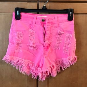 Neon Pink High-Waisted Distressed Denim Shorts
